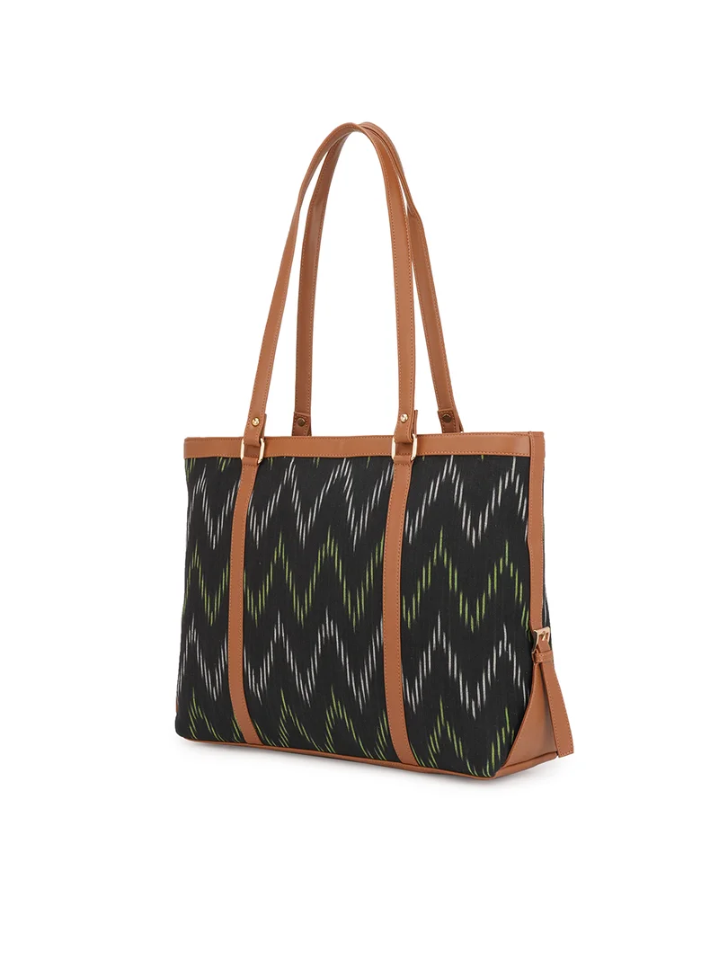 جلو باص Globus Women Black Vegan Leather Ikat Abstract Print Double Handle Oversized Tote Bag